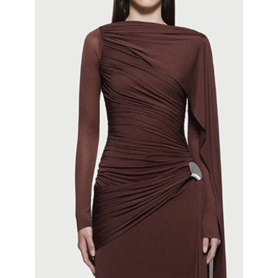 Ruched Draped Long Sleeve Maxi Dress Apparel and Accessories