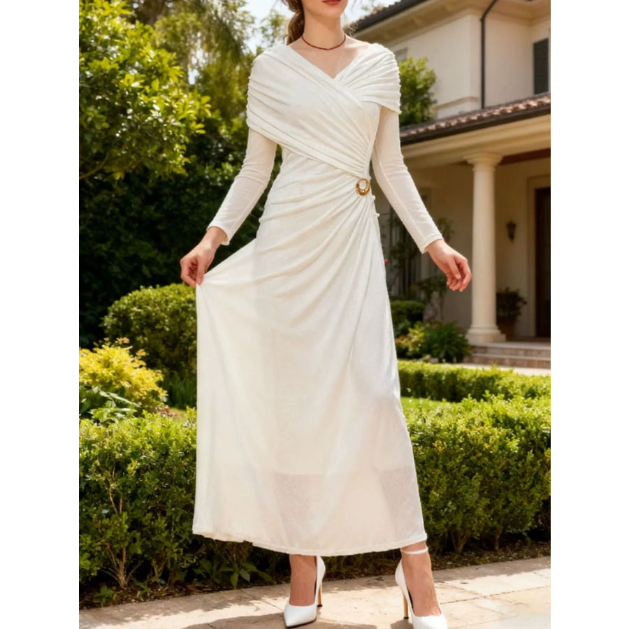 Ruched Draped Long Sleeve Maxi Dress Apparel and Accessories
