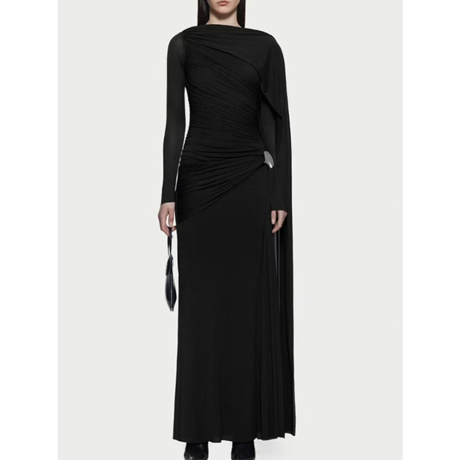 Ruched Draped Long Sleeve Maxi Dress Black / S Apparel and Accessories