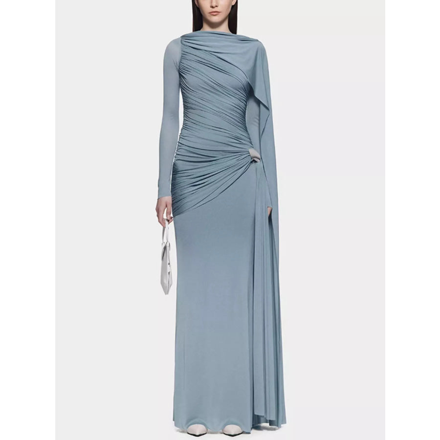 Ruched Draped Long Sleeve Maxi Dress Blue / S Apparel and Accessories