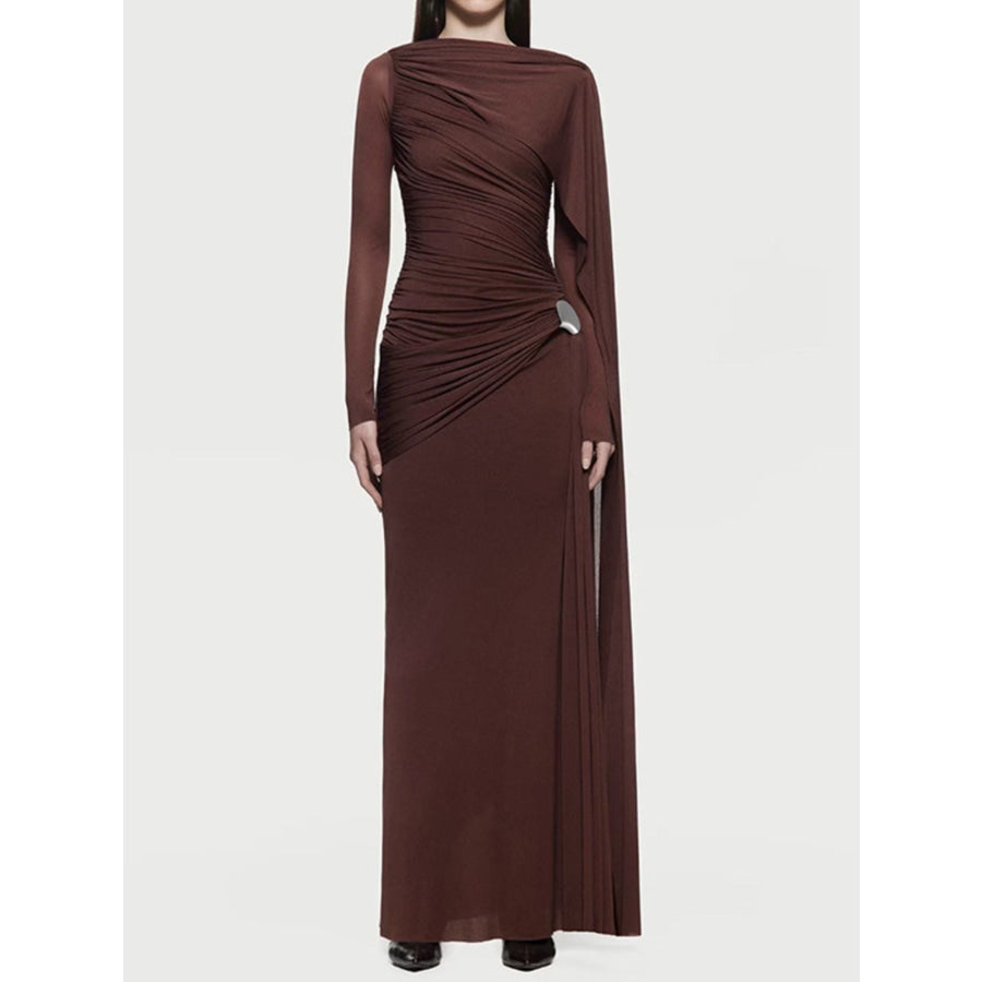 Ruched Draped Long Sleeve Maxi Dress Brown / S Apparel and Accessories