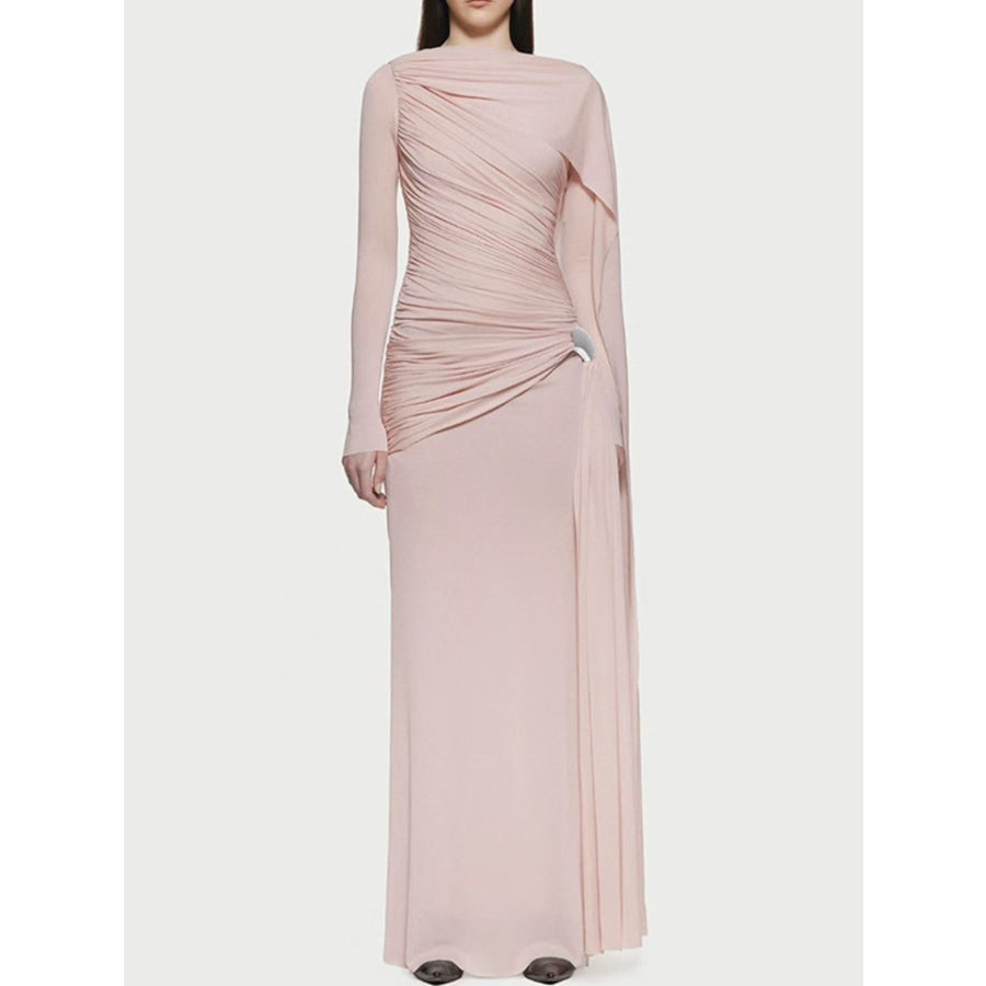 Ruched Draped Long Sleeve Maxi Dress Pink / S Apparel and Accessories