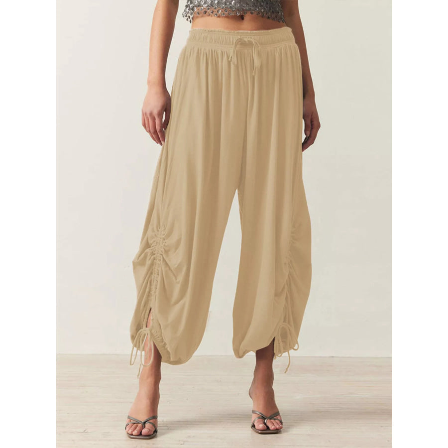 Ruched Drawstring Harem Pants Apricot / S Apparel and Accessories