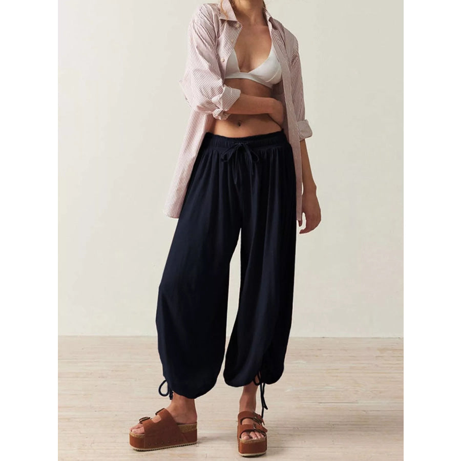 Ruched Drawstring Harem Pants Navy Blue / S Apparel and Accessories