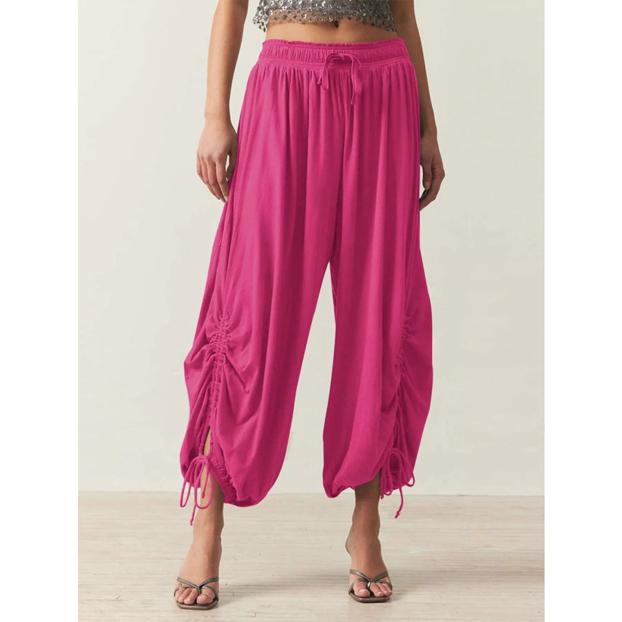 Ruched Drawstring Harem Pants Rose Red / S Apparel and Accessories