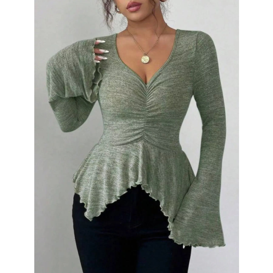 Ruched Flared Sleeves Peplum T-Shirt Apparel and Accessories