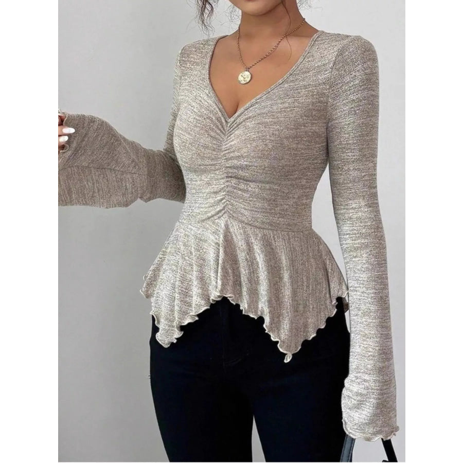 Ruched Flared Sleeves Peplum T-Shirt Apparel and Accessories