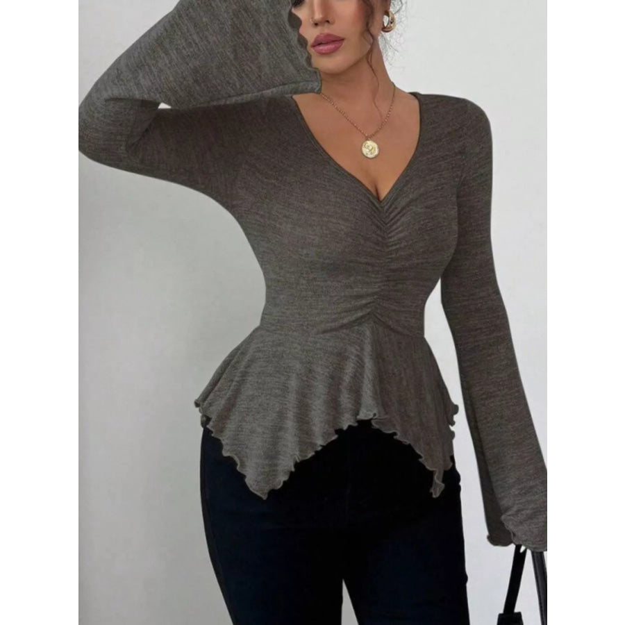 Ruched Flared Sleeves Peplum T-Shirt Apparel and Accessories