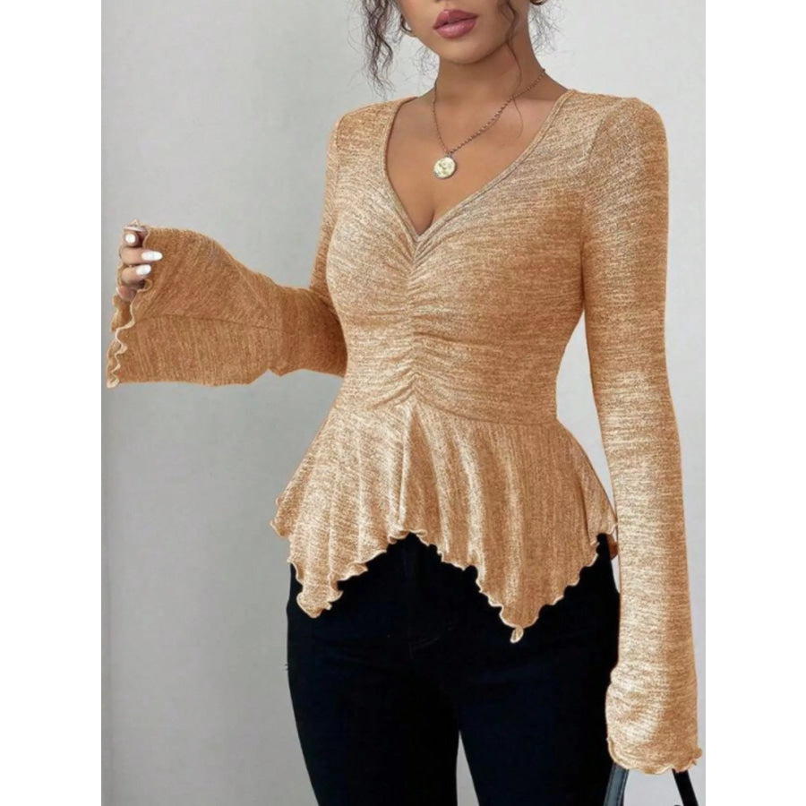 Ruched Flared Sleeves Peplum T-Shirt Apparel and Accessories