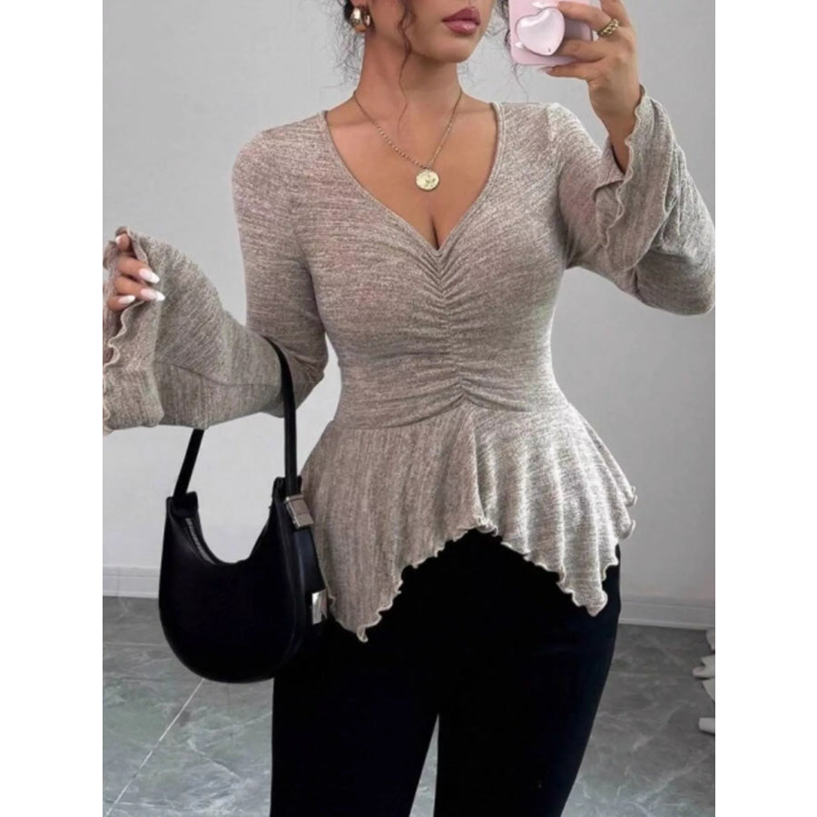 Ruched Flared Sleeves Peplum T-Shirt Apparel and Accessories