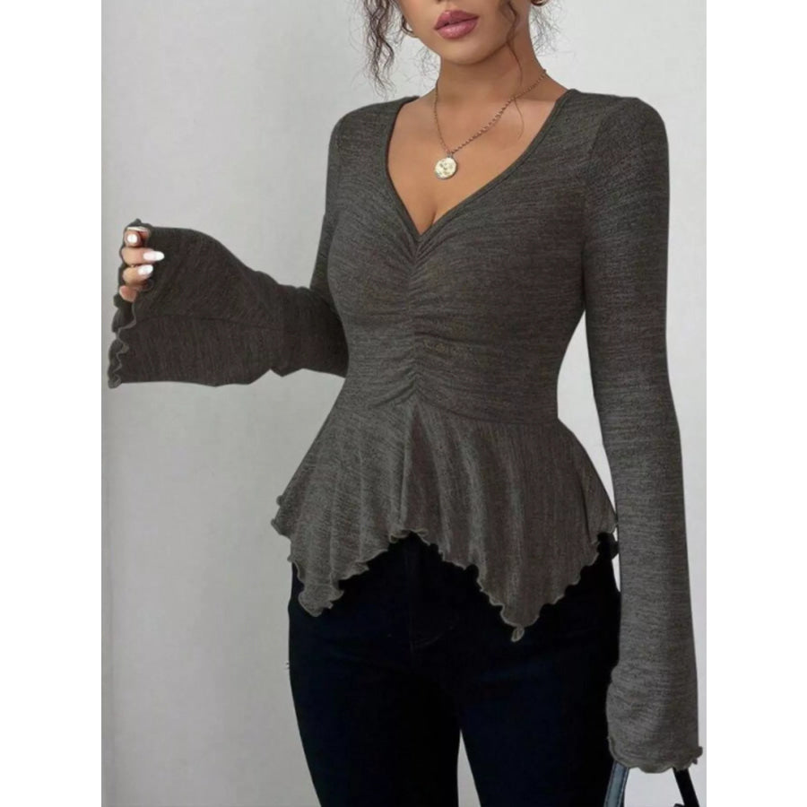 Ruched Flared Sleeves Peplum T-Shirt Apparel and Accessories