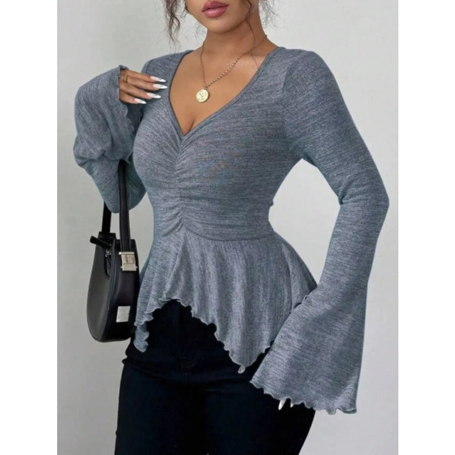 Ruched Flared Sleeves Peplum T-Shirt Apparel and Accessories