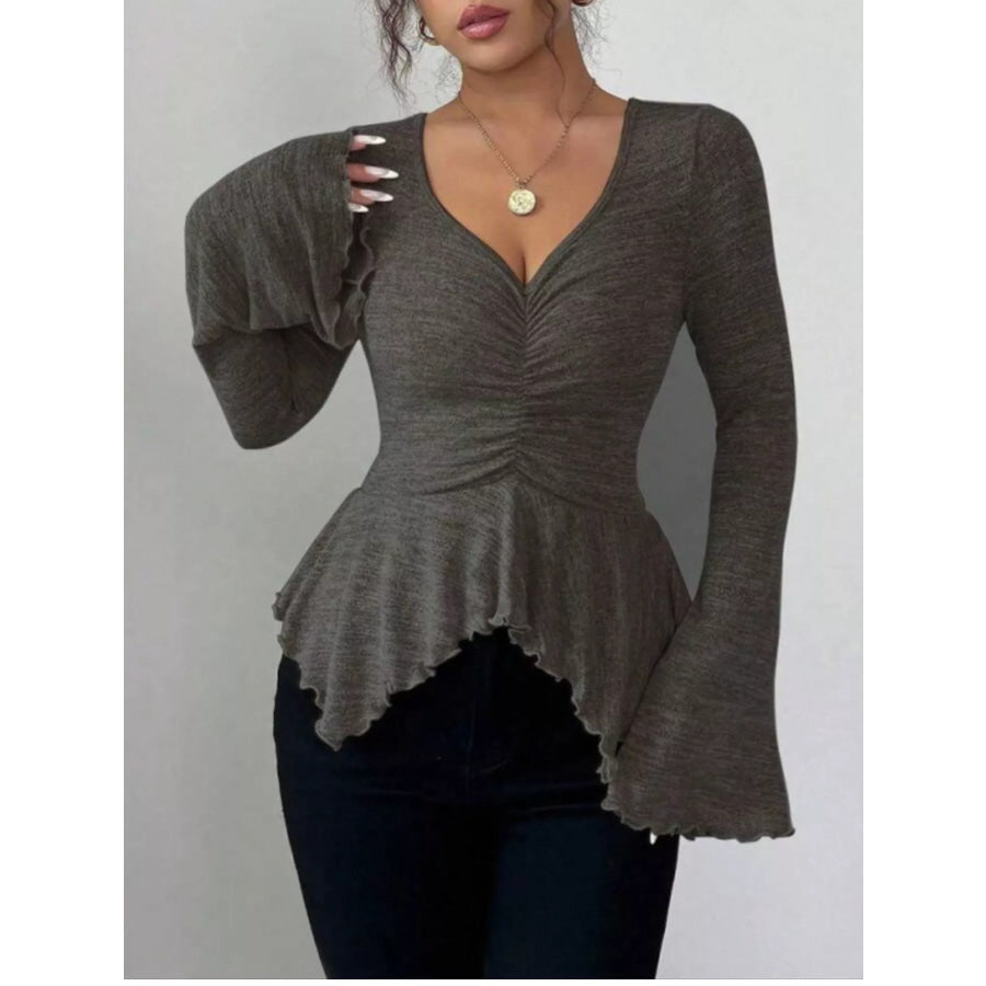 Ruched Flared Sleeves Peplum T-Shirt Apparel and Accessories