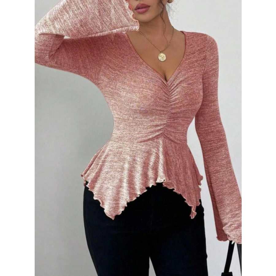 Ruched Flared Sleeves Peplum T-Shirt Apparel and Accessories