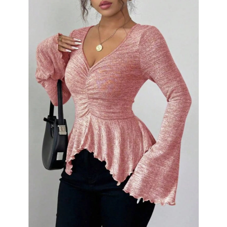 Ruched Flared Sleeves Peplum T-Shirt Apparel and Accessories