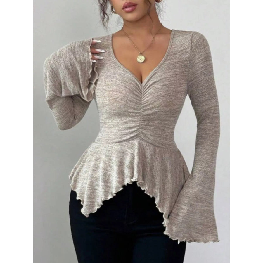 Ruched Flared Sleeves Peplum T-Shirt Apparel and Accessories