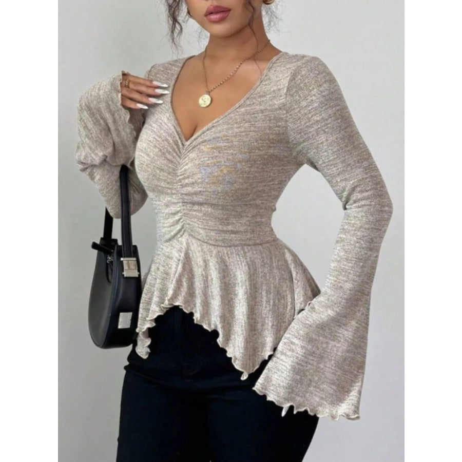 Ruched Flared Sleeves Peplum T-Shirt Khaki / XS Apparel and Accessories