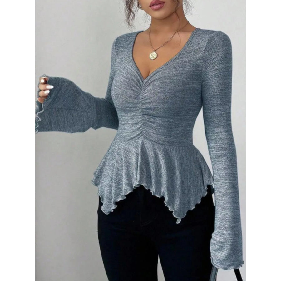Ruched Flared Sleeves Peplum T-Shirt Peacock Blue / XS Apparel and Accessories