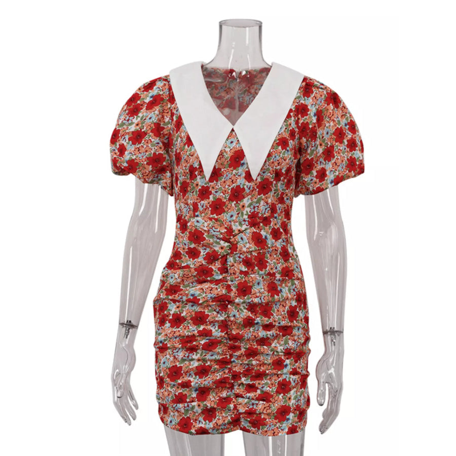 Ruched Floral Print Puff Sleeve Mini Dress Apparel and Accessories