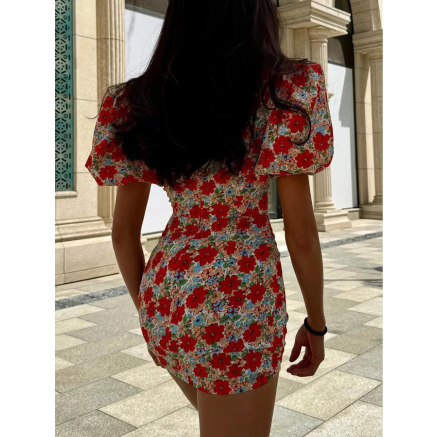 Ruched Floral Print Puff Sleeve Mini Dress Apparel and Accessories