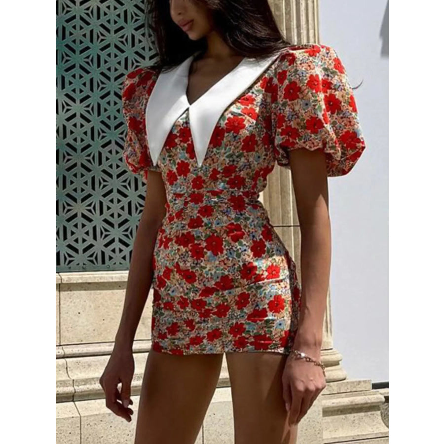 Ruched Floral Print Puff Sleeve Mini Dress Apparel and Accessories