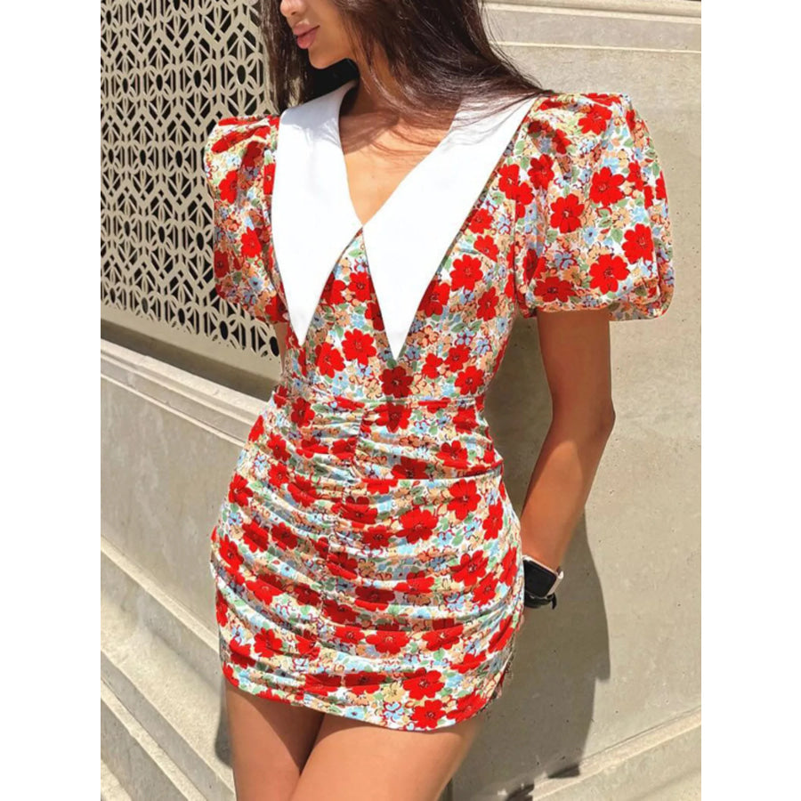 Ruched Floral Print Puff Sleeve Mini Dress Floral / S Apparel and Accessories