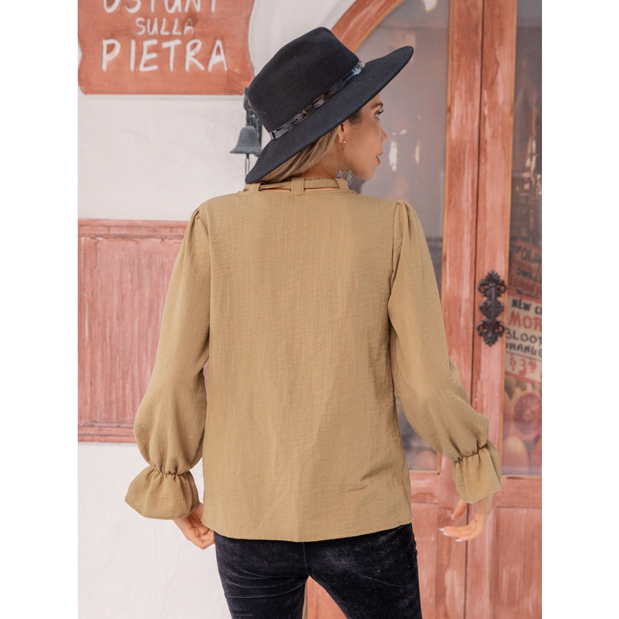 Ruched Flounce Sleeve Blouse Camel / S Apparel and Accessories