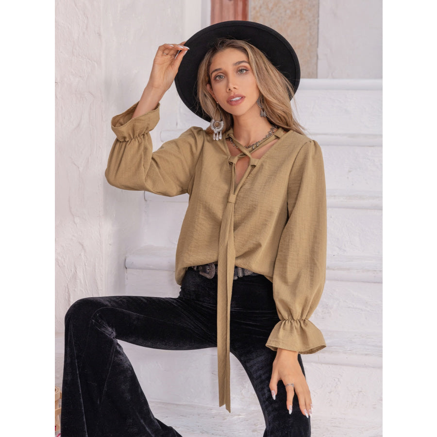 Ruched Flounce Sleeve Blouse Camel / S Apparel and Accessories