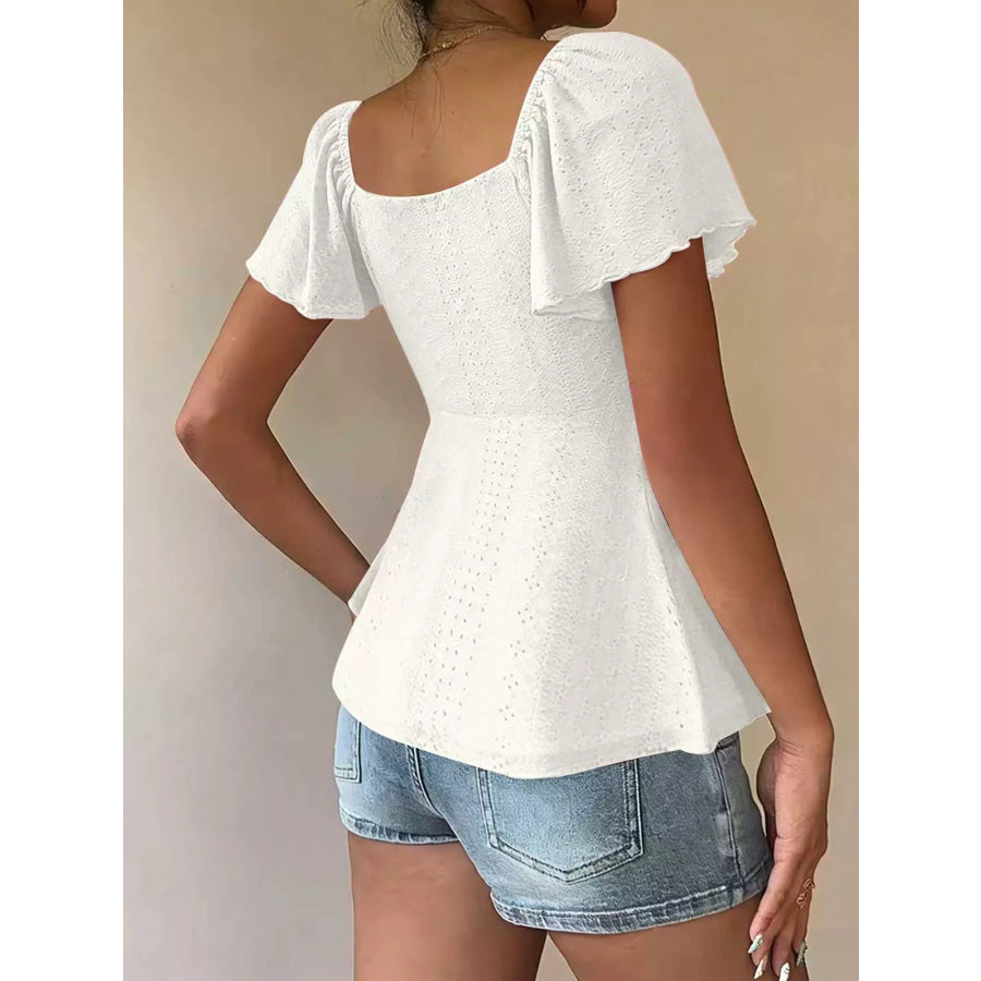 Ruched Flutter Sleeve Peplum Top Apparel and Accessories