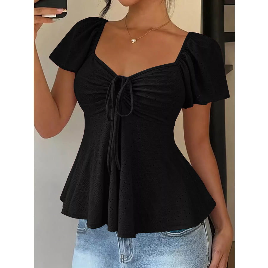Ruched Flutter Sleeve Peplum Top Black / S Apparel and Accessories