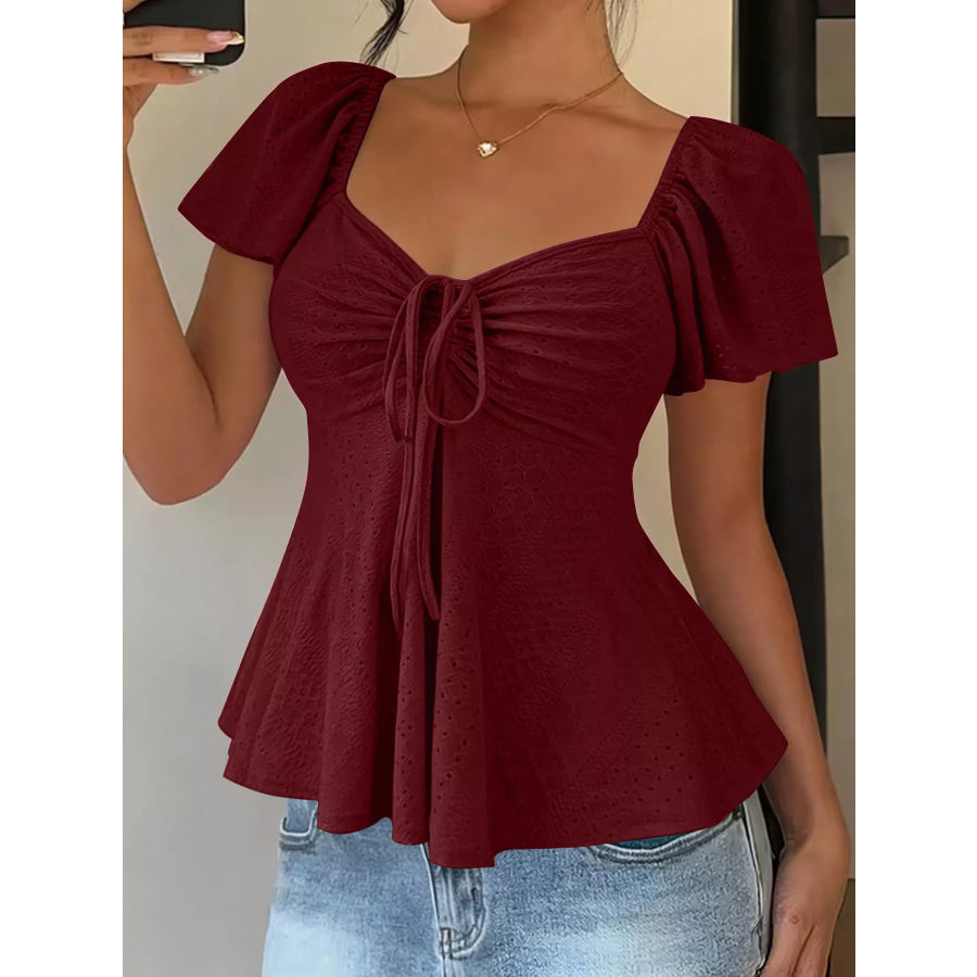 Ruched Flutter Sleeve Peplum Top Burgundy / S Apparel and Accessories