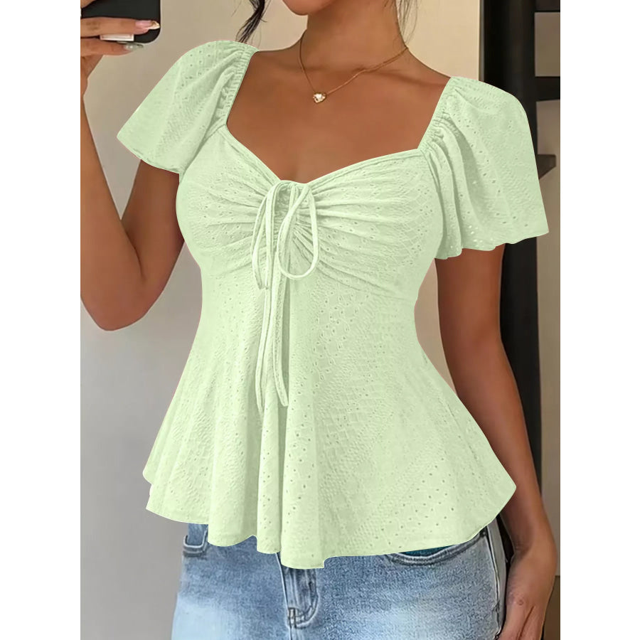 Ruched Flutter Sleeve Peplum Top Neon Green / S Apparel and Accessories