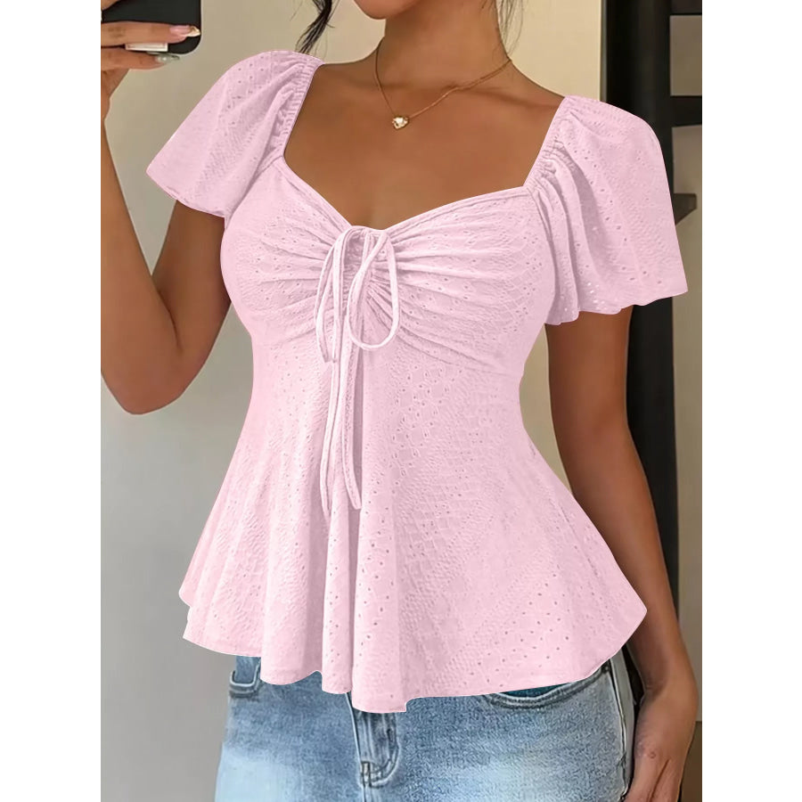 Ruched Flutter Sleeve Peplum Top Pink / S Apparel and Accessories