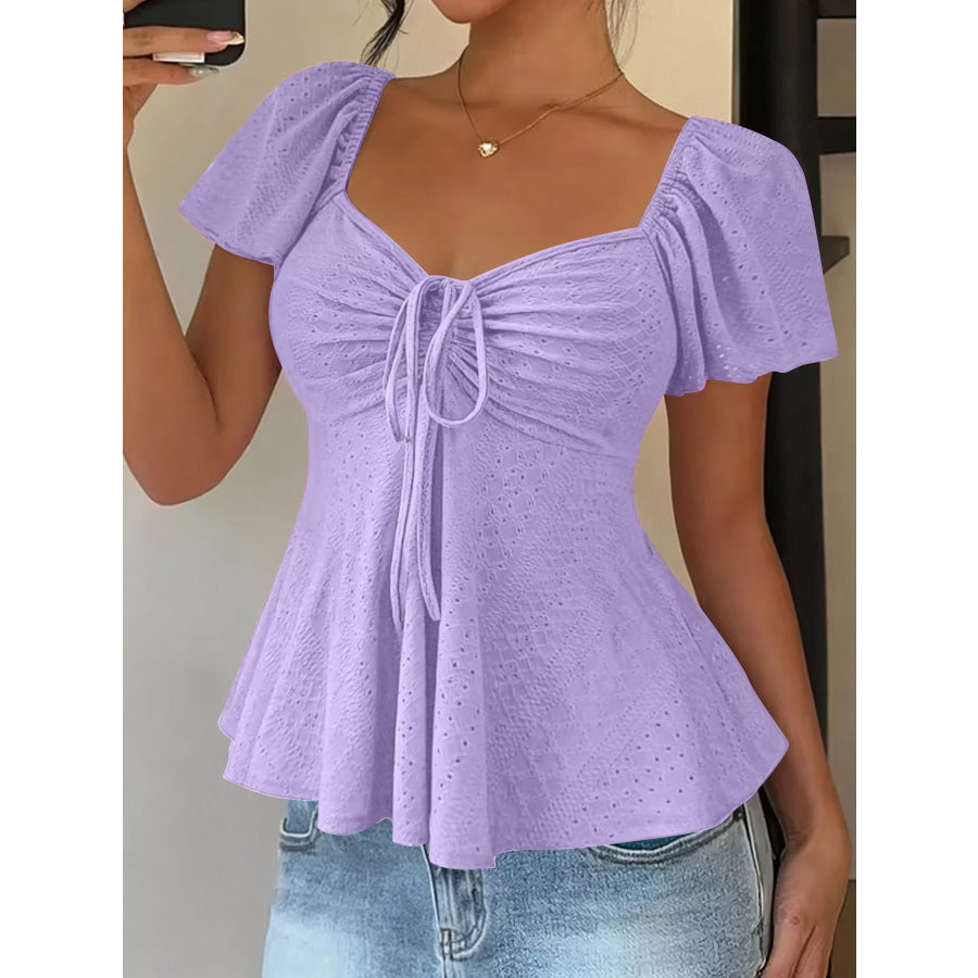 Ruched Flutter Sleeve Peplum Top Purple / S Apparel and Accessories