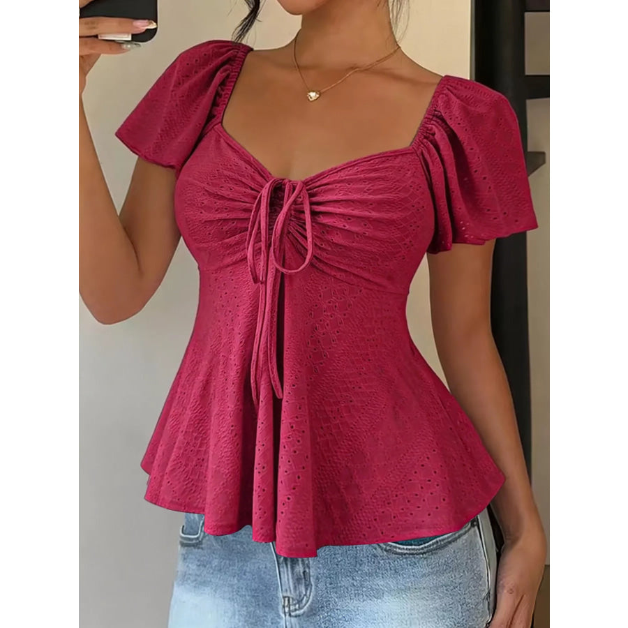 Ruched Flutter Sleeve Peplum Top Red / S Apparel and Accessories