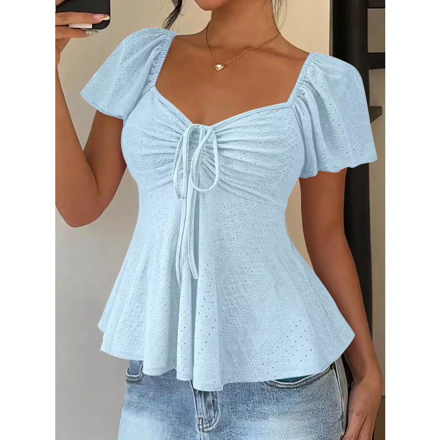 Ruched Flutter Sleeve Peplum Top Sky Blue / S Apparel and Accessories