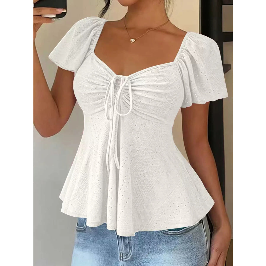 Ruched Flutter Sleeve Peplum Top White / S Apparel and Accessories