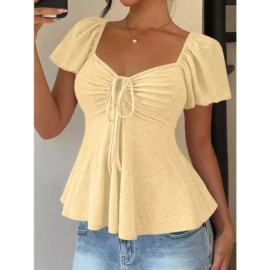Ruched Flutter Sleeve Peplum Top Yellow / S Apparel and Accessories