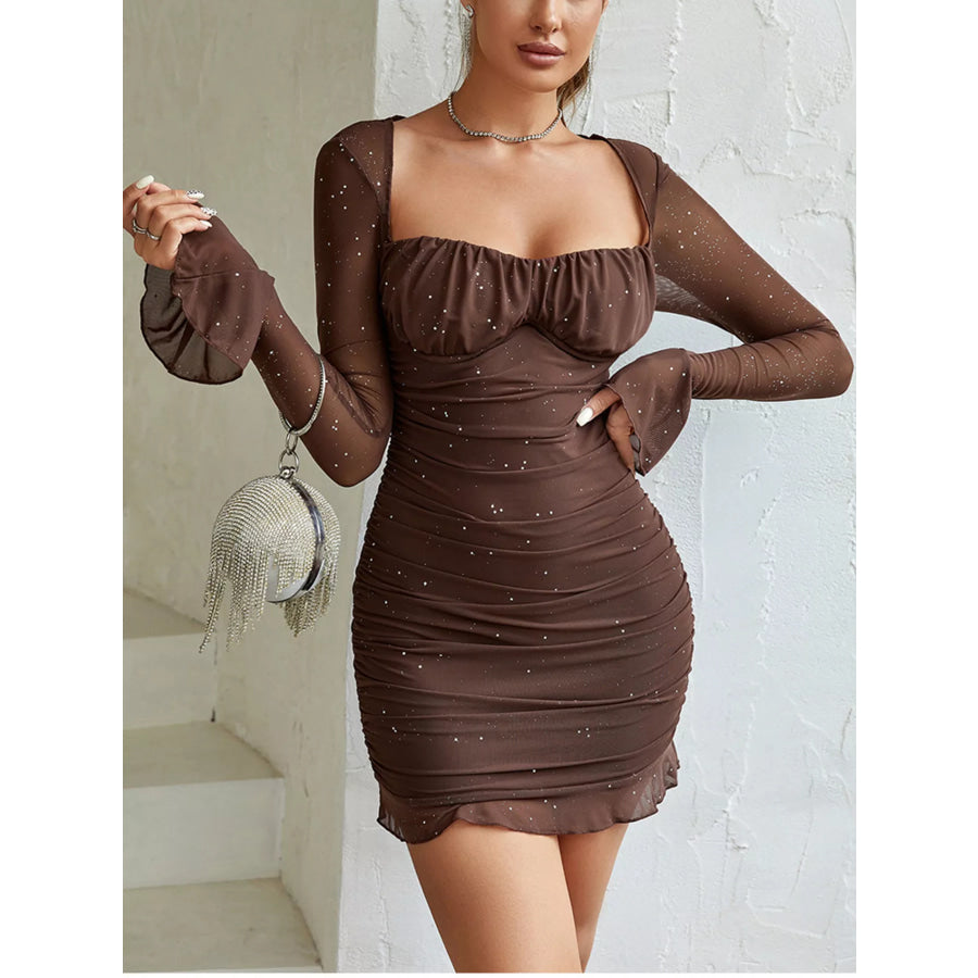 Ruched Glitter Bodycon Mini Dress Brown / XS Apparel and Accessories