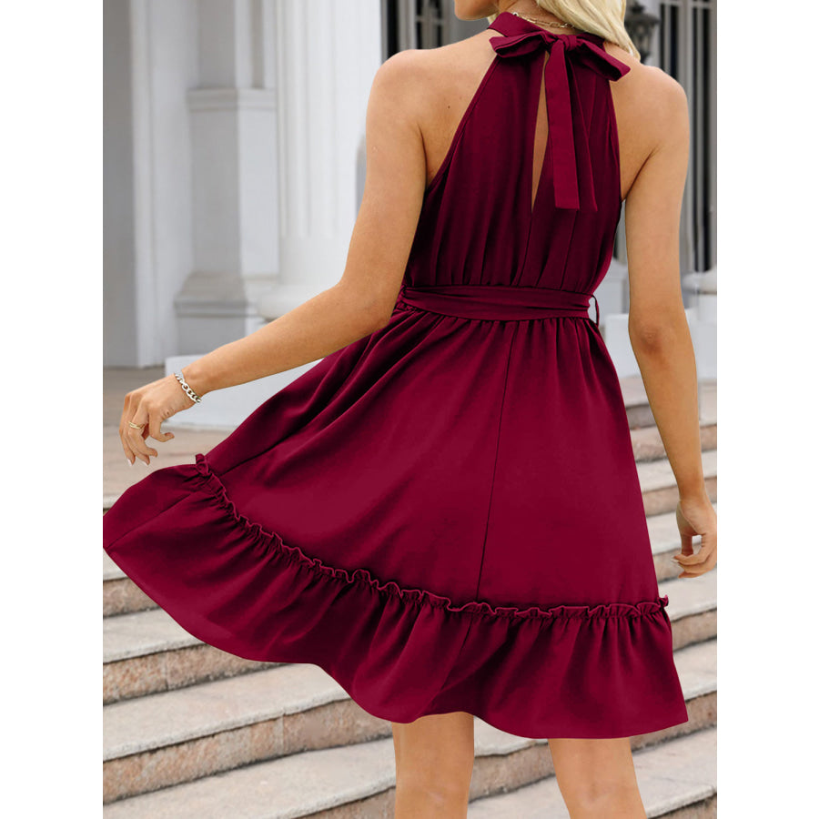 Ruched Grecian Neck Tie Waist Mini Dress Apparel and Accessories