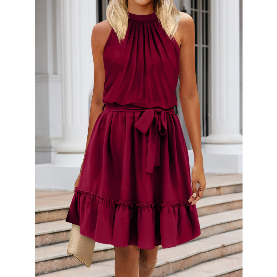 Ruched Grecian Neck Tie Waist Mini Dress Apparel and Accessories