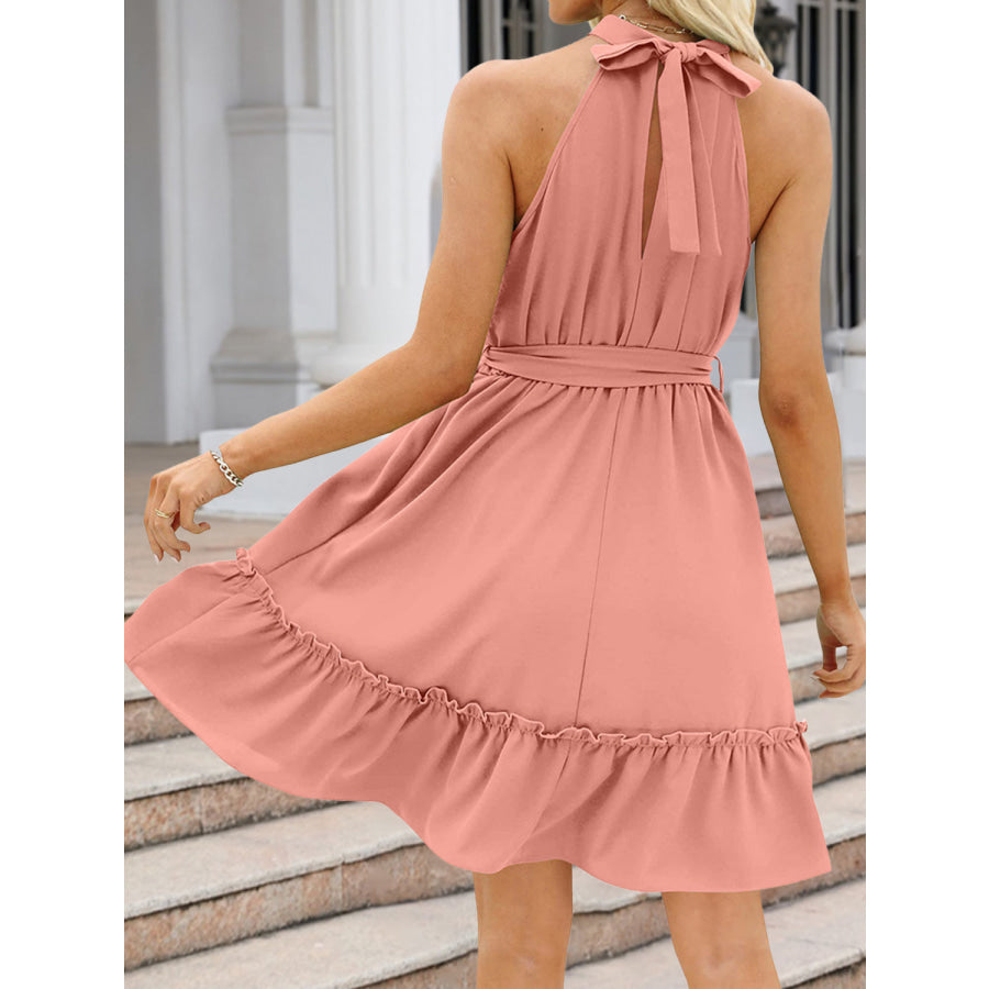 Ruched Grecian Neck Tie Waist Mini Dress Apparel and Accessories