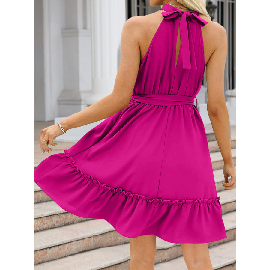 Ruched Grecian Neck Tie Waist Mini Dress Apparel and Accessories