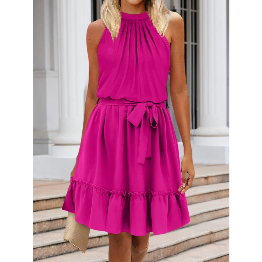 Ruched Grecian Neck Tie Waist Mini Dress Apparel and Accessories