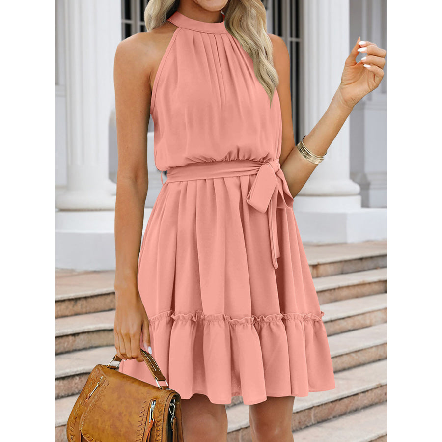 Ruched Grecian Neck Tie Waist Mini Dress Apparel and Accessories