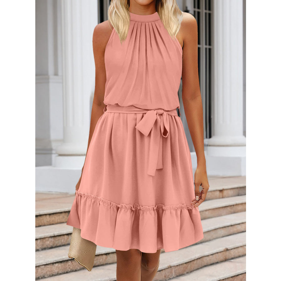 Ruched Grecian Neck Tie Waist Mini Dress Apparel and Accessories