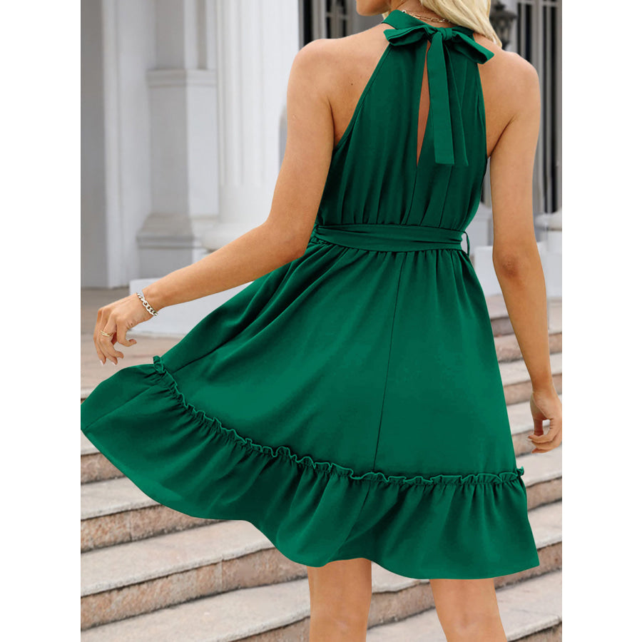 Ruched Grecian Neck Tie Waist Mini Dress Apparel and Accessories