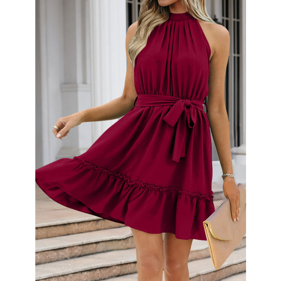 Ruched Grecian Neck Tie Waist Mini Dress Apparel and Accessories