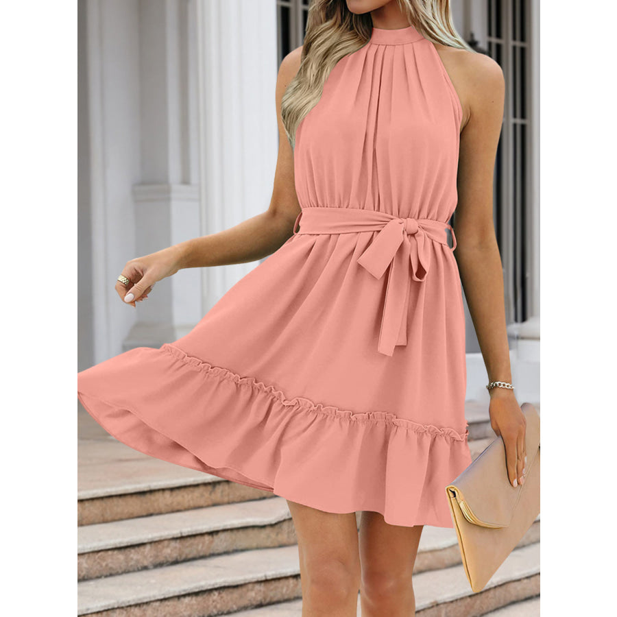 Ruched Grecian Neck Tie Waist Mini Dress Pale Blush / S Apparel and Accessories