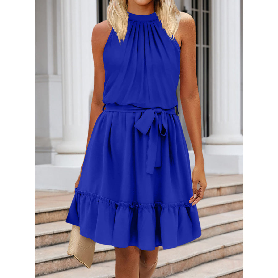 Ruched Grecian Neck Tie Waist Mini Dress Royal Blue / S Apparel and Accessories